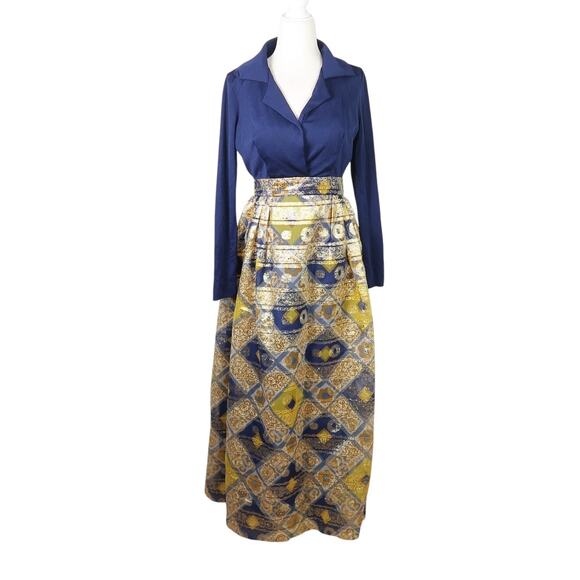 Vintage 70s navy blue and metallic gold lurex hostess maxi dress 10 - Picture 1 of 5
